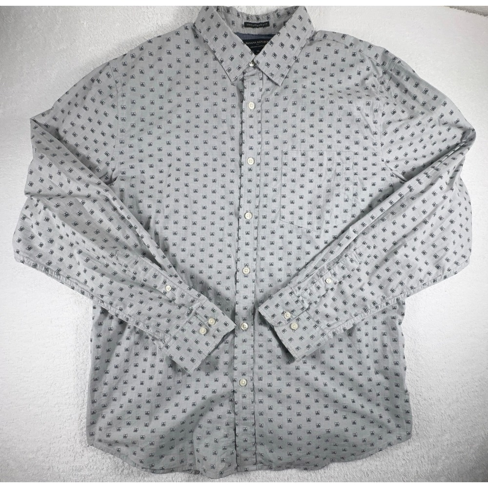 Banana Republic Button Up Shirt Men's XL Gray Black Raccoon Organic Untucked Fit